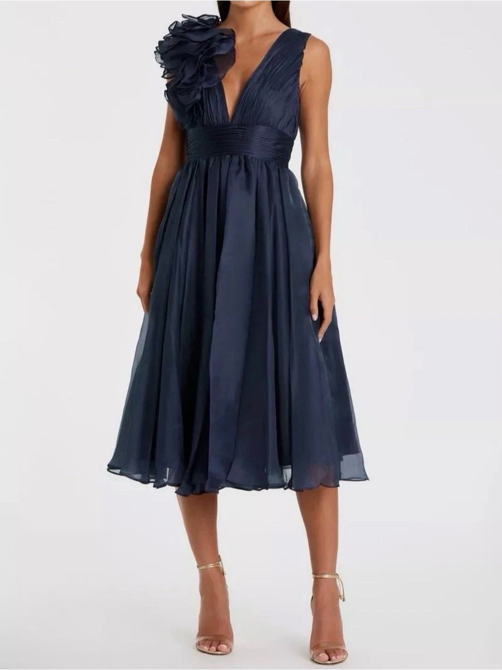 Mac Duggal DNavy Floral-Shoulder V-Neck Midi Dress Size 0